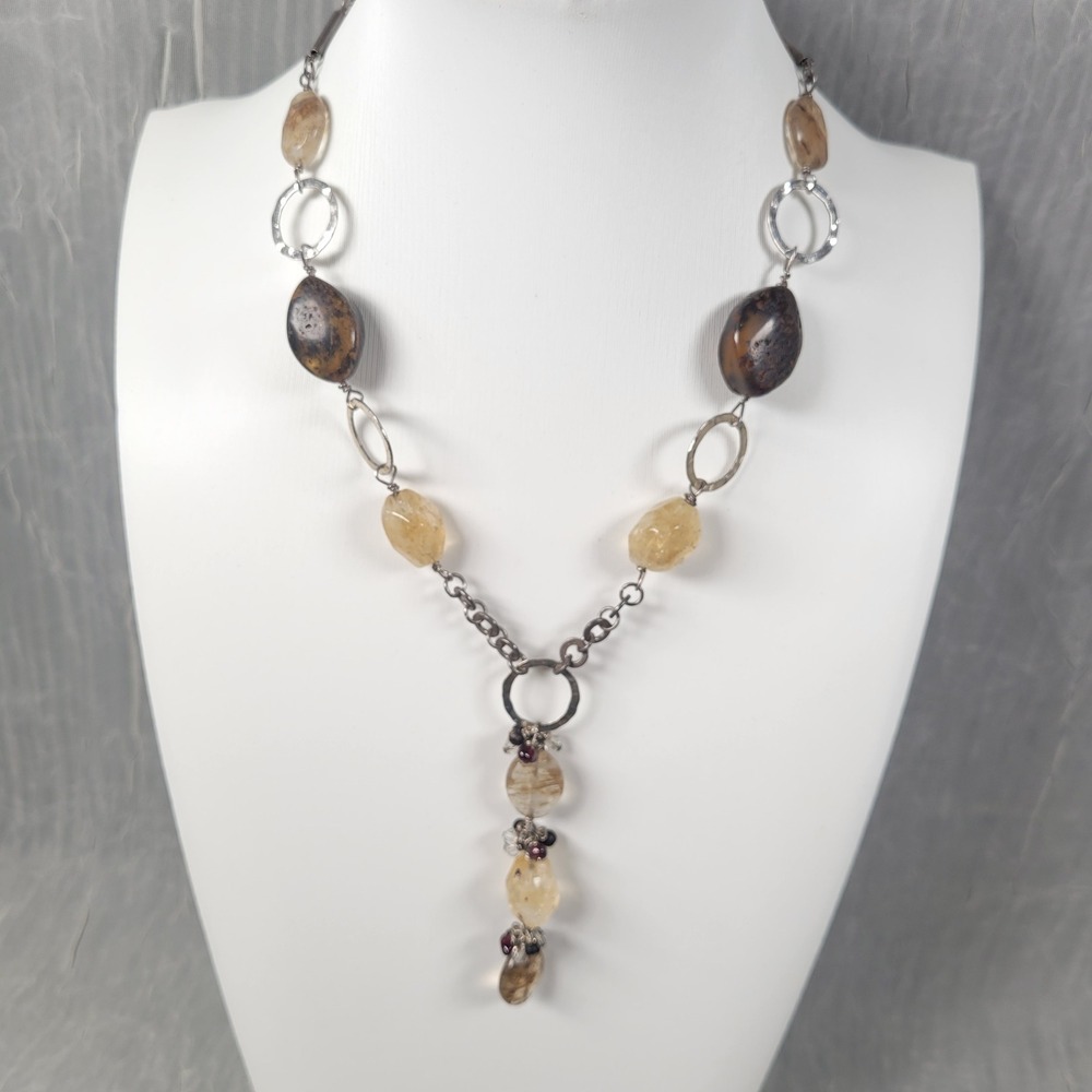 Mexico 925 Sterling Silver Amber Garnet Y Necklace Hammered Link Nugget Jewelry